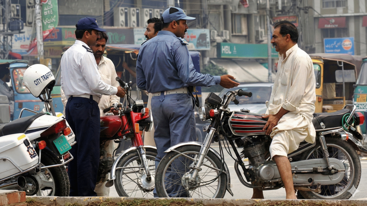 This image shows a traffic police official interacting with a citizen. — Traffic Police Punjab website